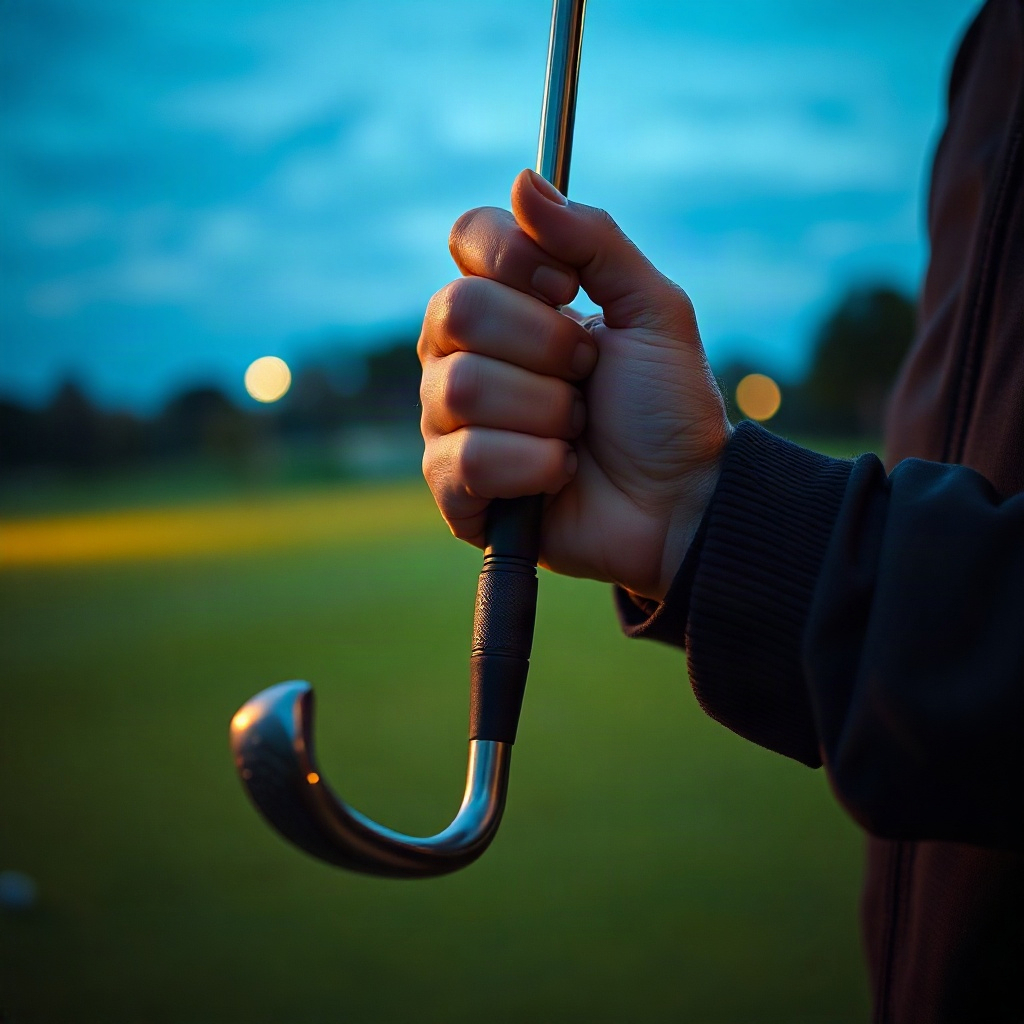 Hands on a grip and shaft at twilight