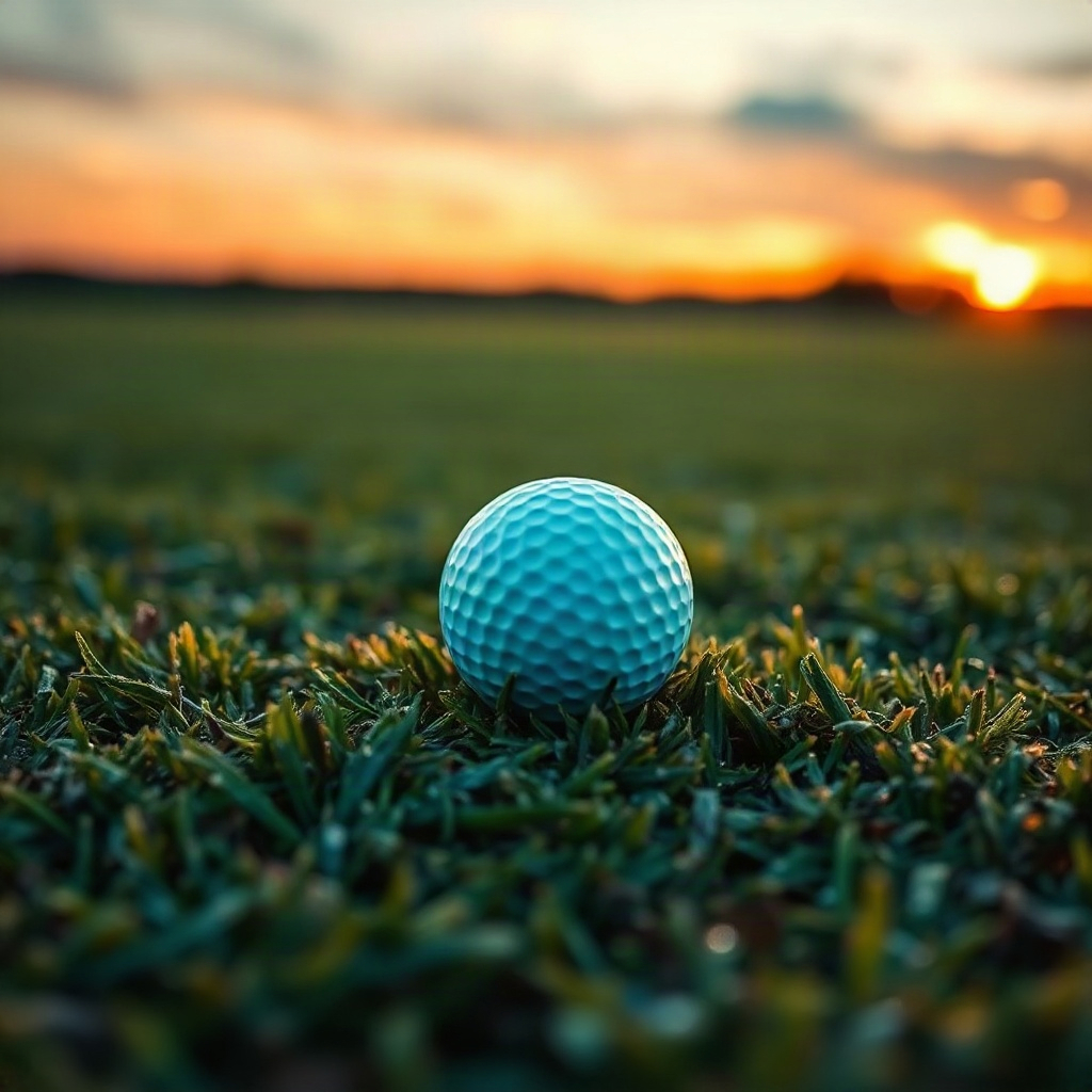A golf ball on short fairway grass at dusk